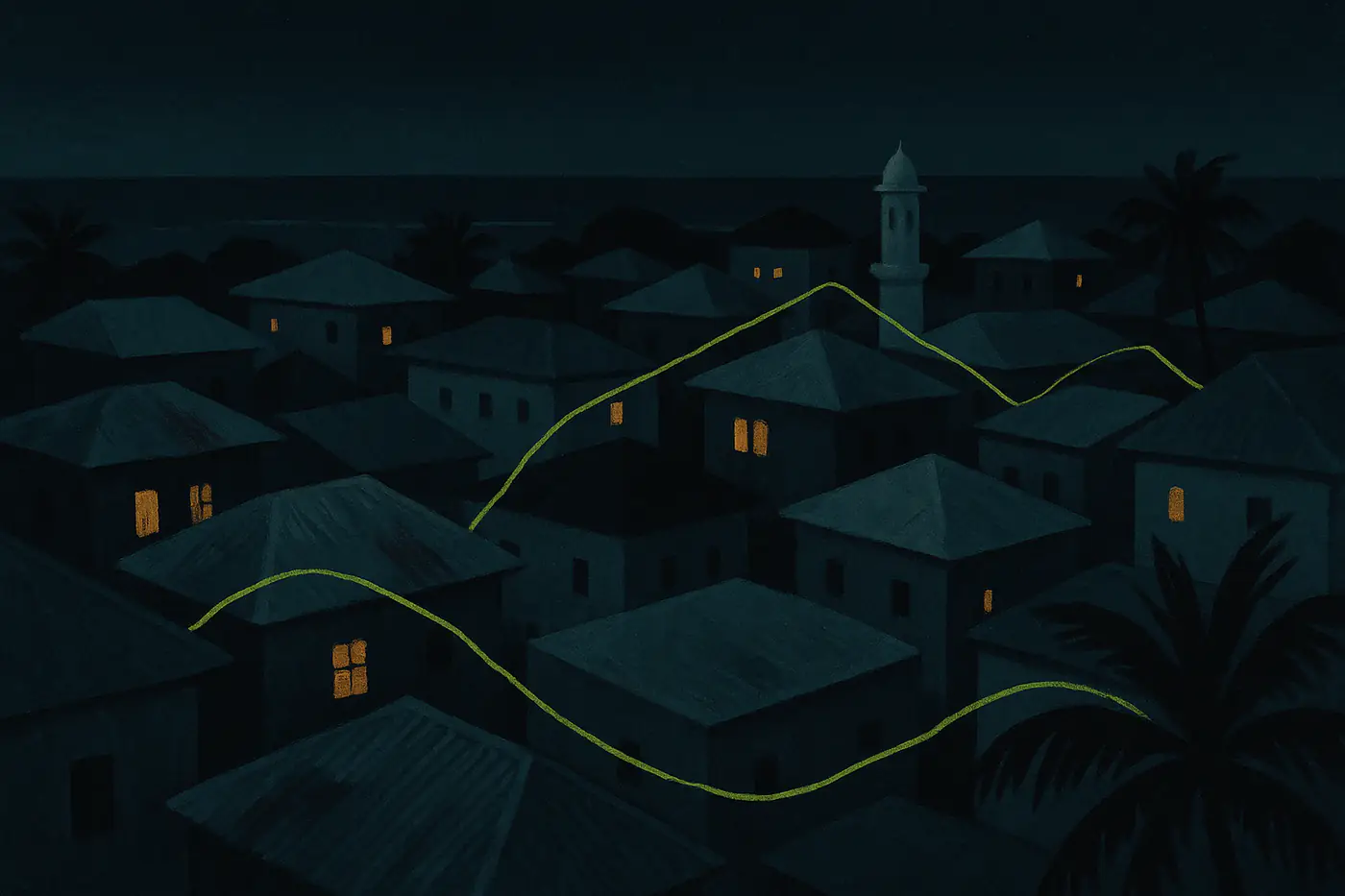 Illustration: rooftops of a Swahili coast town at night, with points of light connecting across the streets between them.