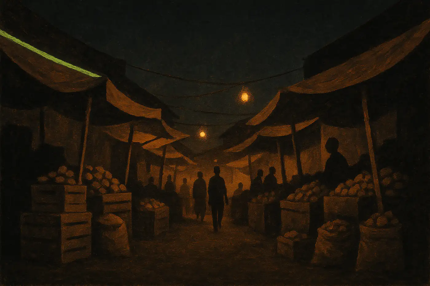 Illustration: a lane of market stalls at dusk, awnings and crates lit by hanging bulbs, figures in silhouette.